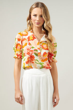 Sugarlips Kailua Floral Tailwind Half Button Front Blouse
