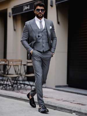 Viossi Grey Striped Slim-Fit Suit 3-Piece