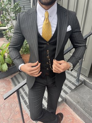 Viossi Black Striped Slim-Fit Suit 3-Piece