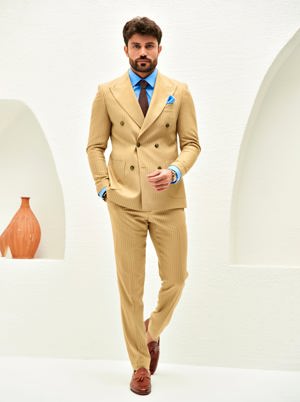 Viossi Camel Striped Double Breasted Suit 2-Piece
