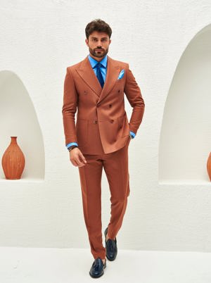 Viossi Brown Striped Double Breasted Suit 2-Piece