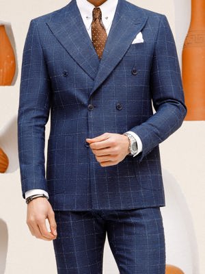 Viossi Blue Plaid Double Breasted Suit 2-Piece