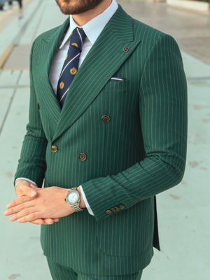 Viossi Green Striped Double Breasted Suit 2-Piece