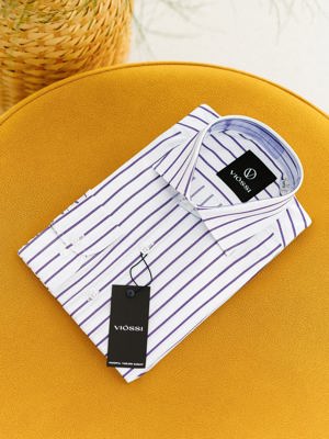 Viossi White-Purple Striped Italian Spread Collar Shirt
