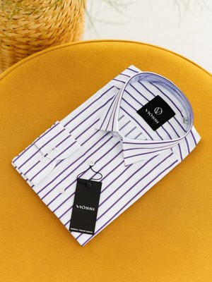 Viossi White-Purple Striped Slim-Fit Shirt