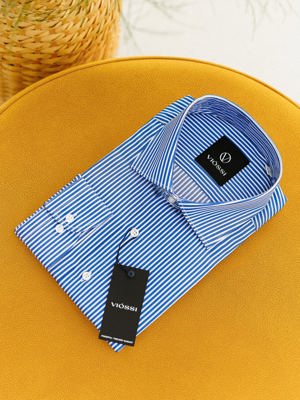 Viossi Blue Striped Italian Spread Collar Shirt