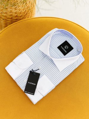 Viossi Sky-Blue Striped White Collar Shirt