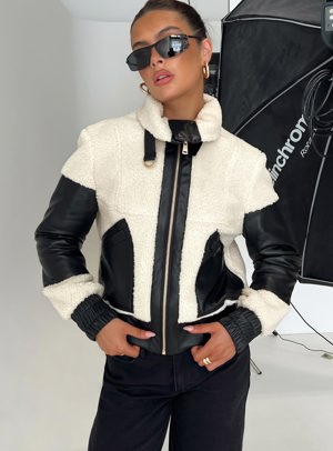 Princess Polly Rachale Faux Leather Shearling Jacket Black / Cream