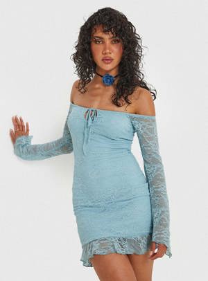 Princess Polly Boville Off The Shoulder Lace Mini Dress Blue