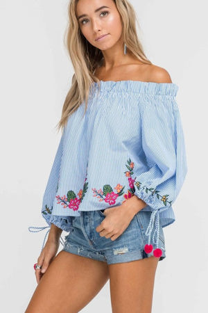 Lush Fashion Puffy Sleeve Off Shoulder Embroidered Blue Stripe Top