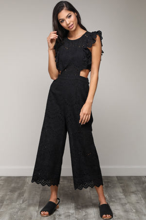 Blue Blush Elegant Black Lace Jumpsuit Cut Out With Band Sleeve Detailed