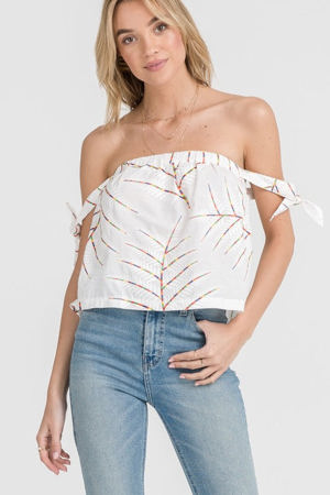 Lush Fashion Off Shoulder Tie-Up Floral Embroidery White Top