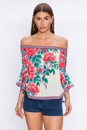Flying Tomato Fashion Off Shoulder Multi-Color Floral Print Ivory Top With Bell Sleeve