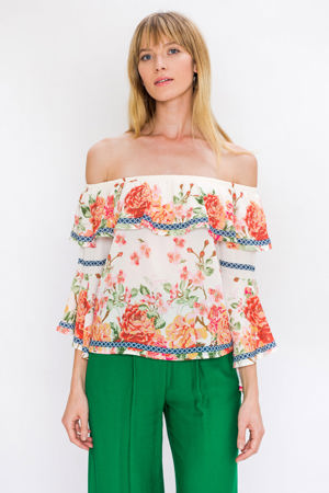 Flying Tomato Elegant Multi-Color Floral Print Ruffle Ivory Top With Bell Sleeve