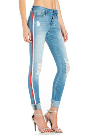 Cello Jeans Ripped Skinny Jean With Blue Wash Side Red White Striped Detailed