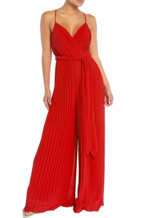 Luxxel Elegant Strap Pleated Palazzo Tie-Up Red Jumpsuit