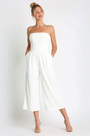 Selfie Leslie Elegant Ruffle Strapless White Jumpsuit