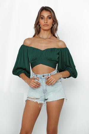 Edite Mode Elegant Off Shoulder Forest Green Satin Tie-Up Ruffle Crop Top With Bell Sleeve