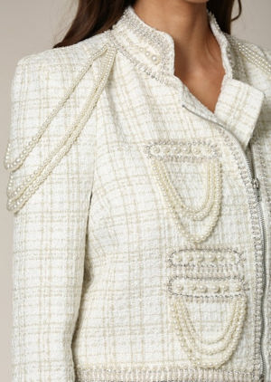 Blithela Elegant White Textured Gold Detail Pearl Jacket