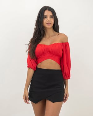 Edite Mode Elegant Off Shoulder Red Satin Tie-Up Ruffle Crop Top With Bell Sleeve