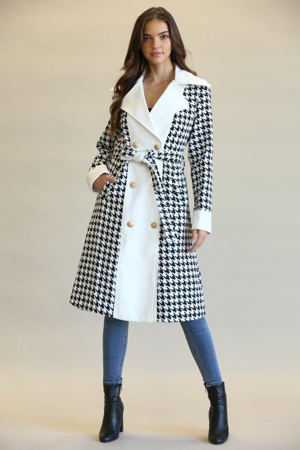 Blithela Elegant White Black Contrast Houndstooth Print Button Tie-Up Trench Coat